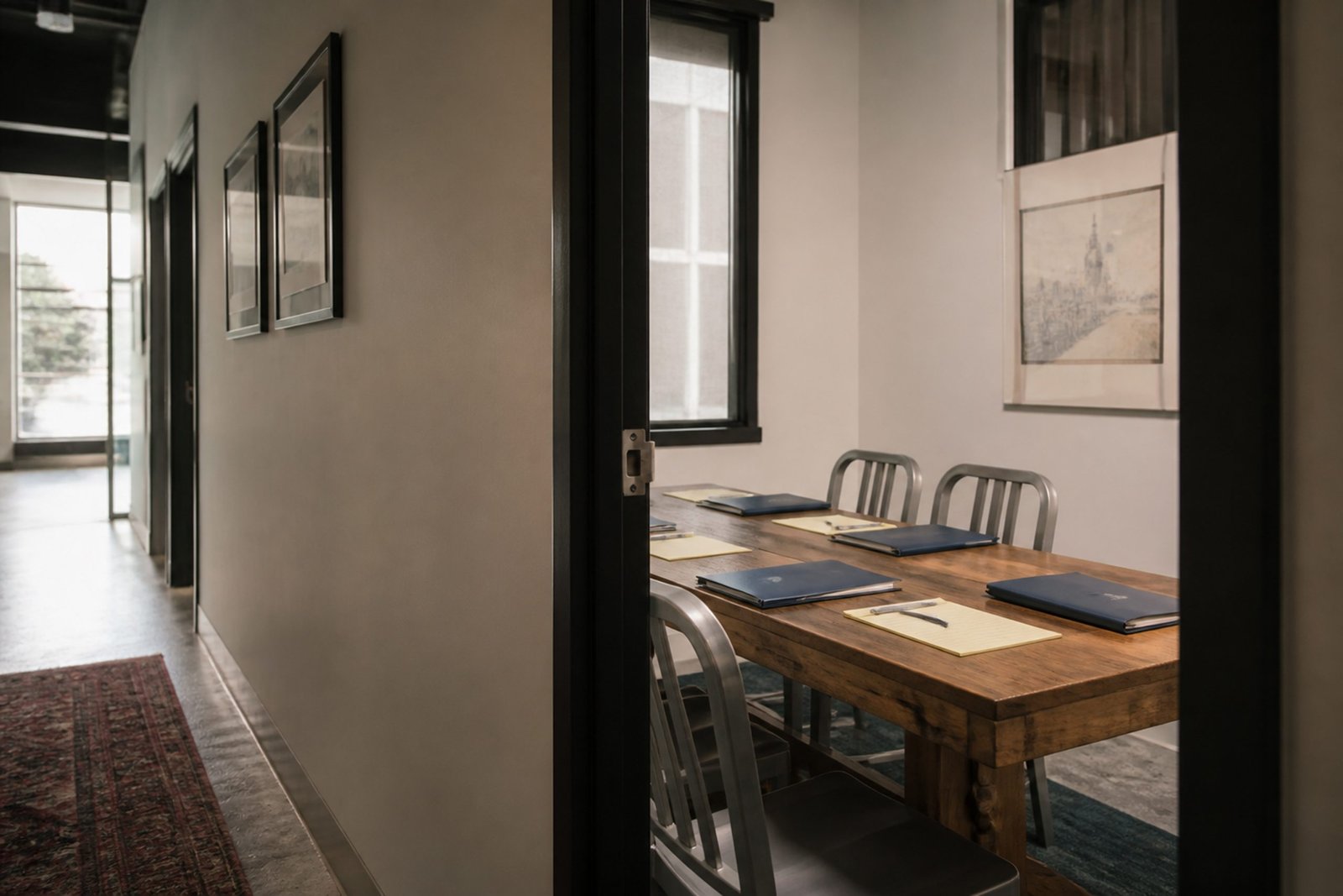Empty meeting room with a wooden table and city view