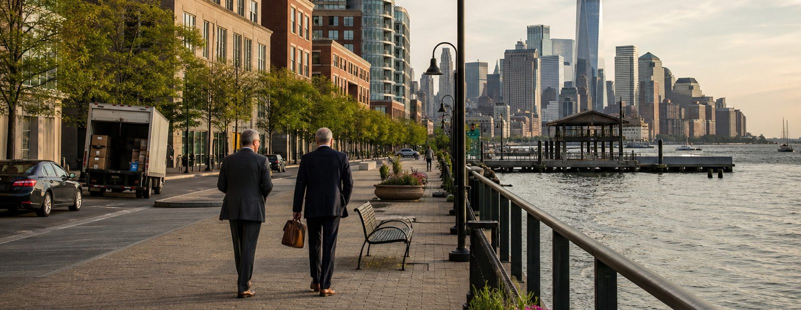 People walking along a waterfront with the city skyline