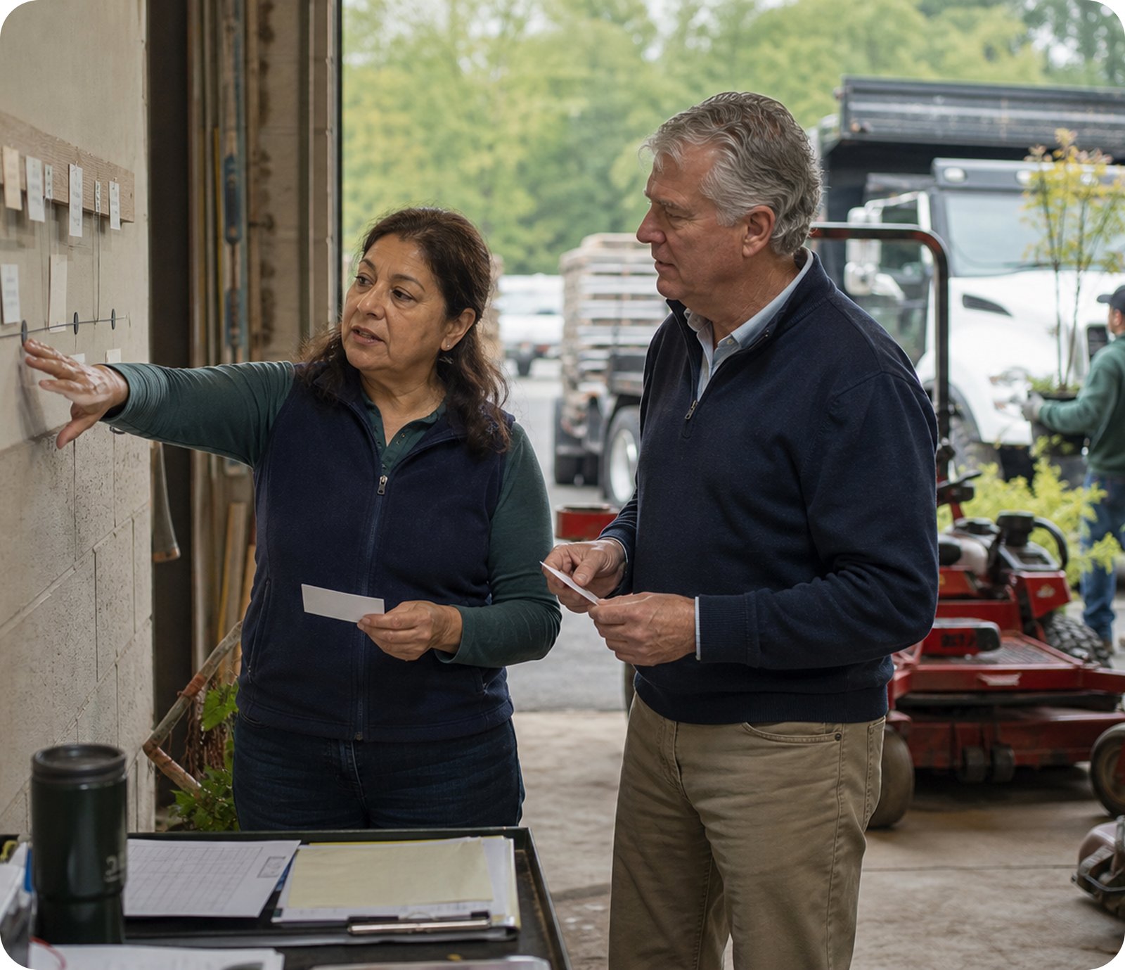 Two people discussing plans in a workshop