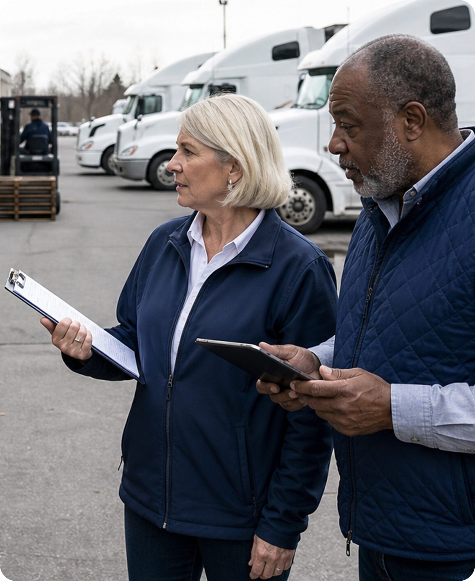 Two business people reviewing paperwork beside delivery trucks