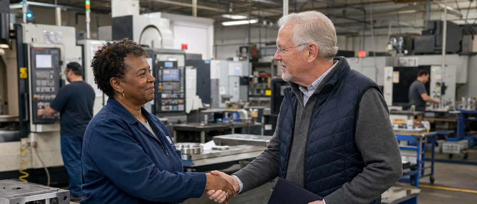 Two people shaking hands in a manufacturing workshop