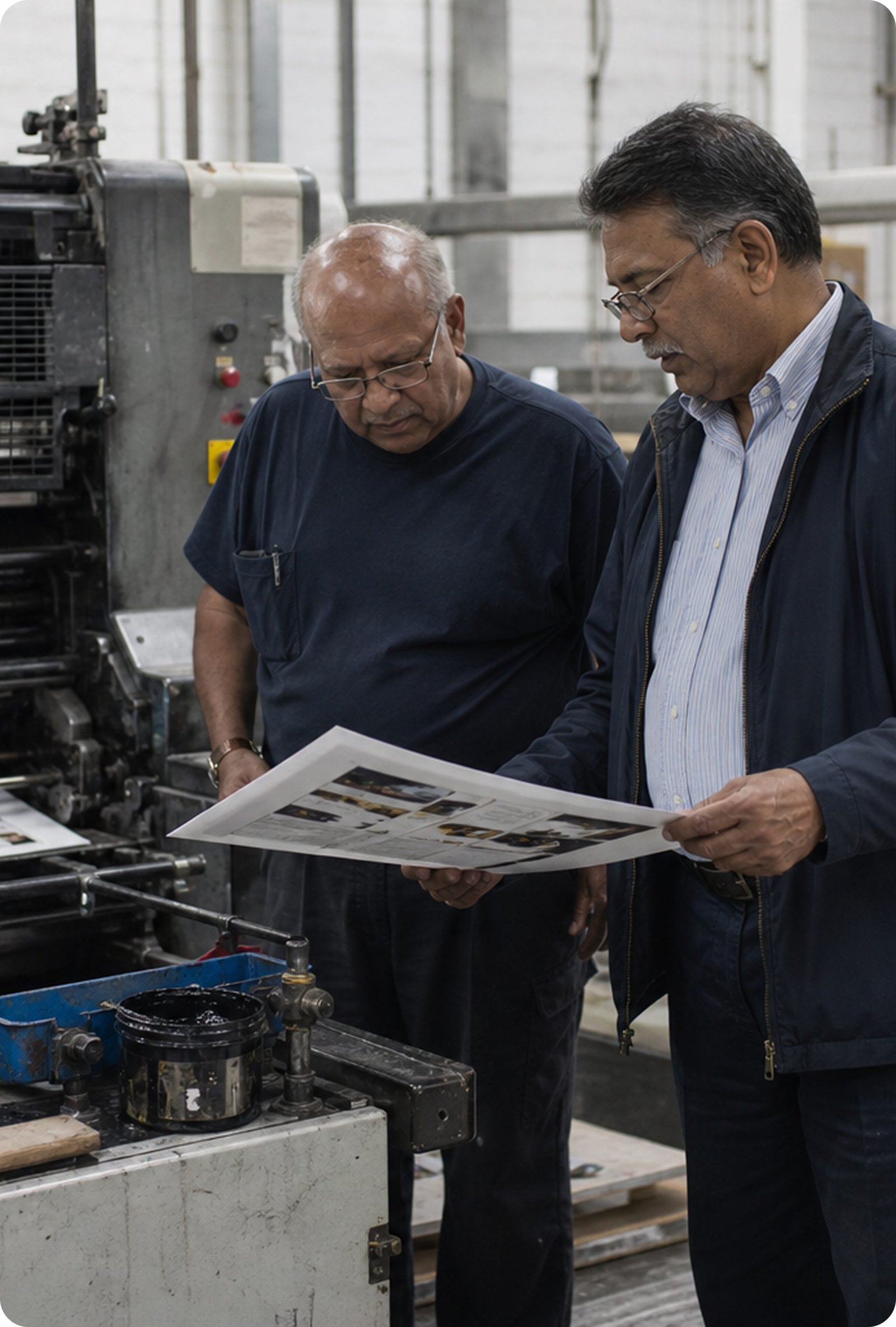Two men reviewing a plan beside industrial equipment
