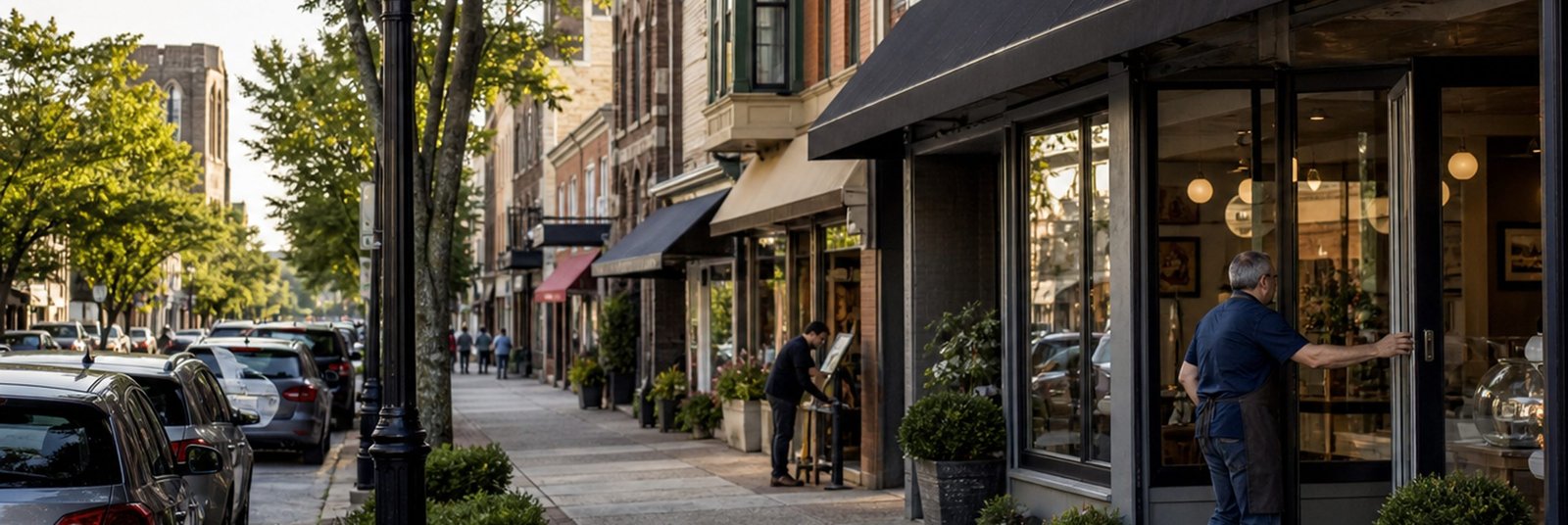 People walking along an urban commercial street