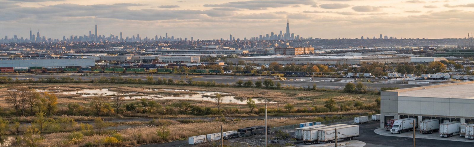 Aerial view of an industrial area and city skyline