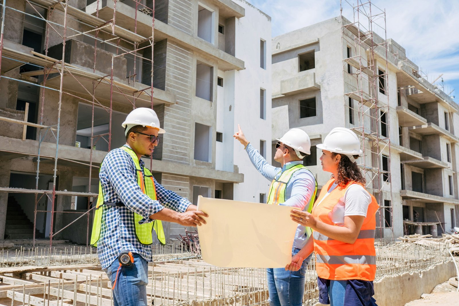 Construction team reviewing plans at a building site.