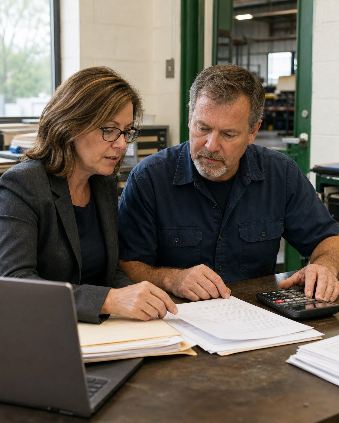 Business owner and advisor reviewing financial records and a calculator