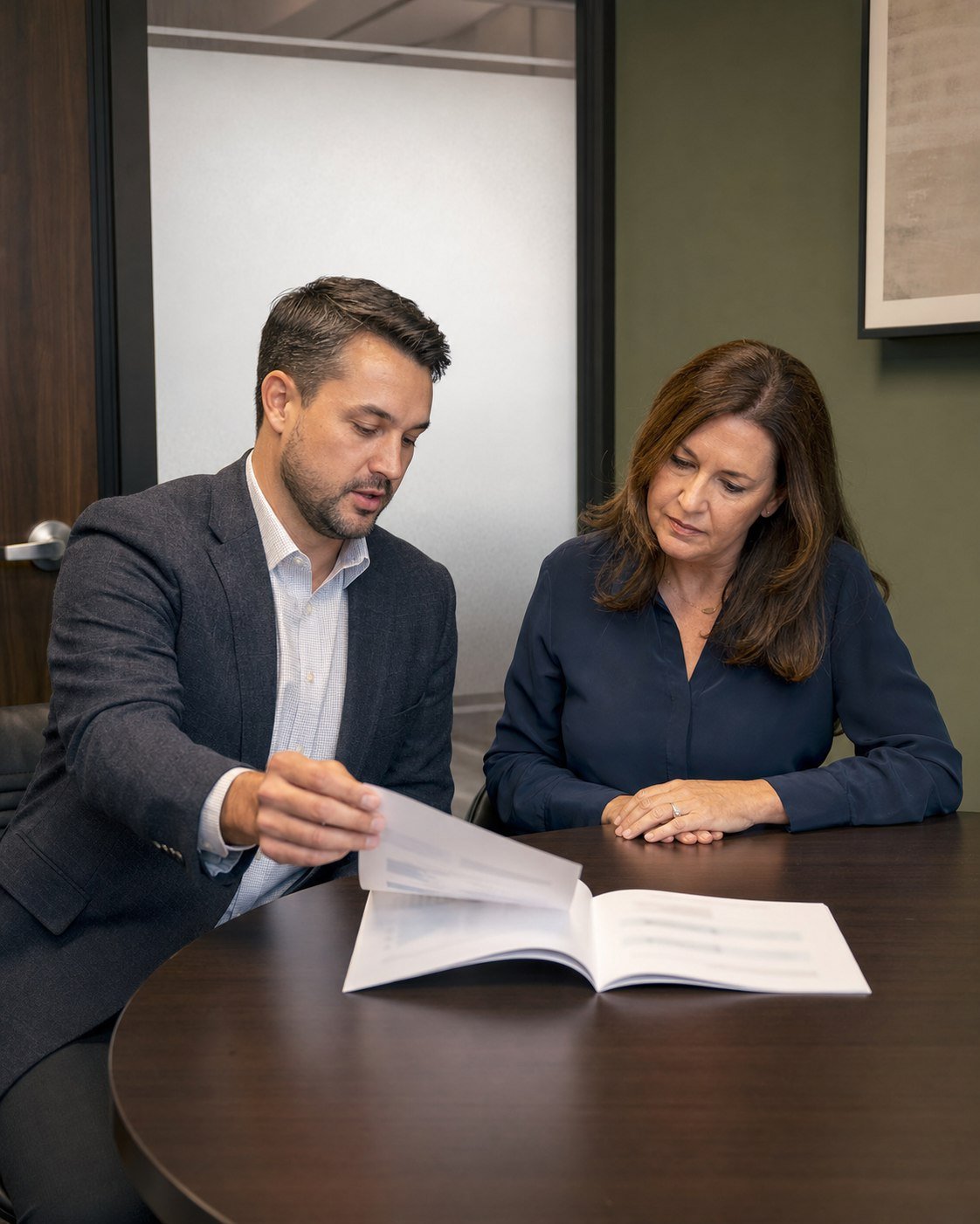 Advisor privately reviewing a business information booklet with an owner