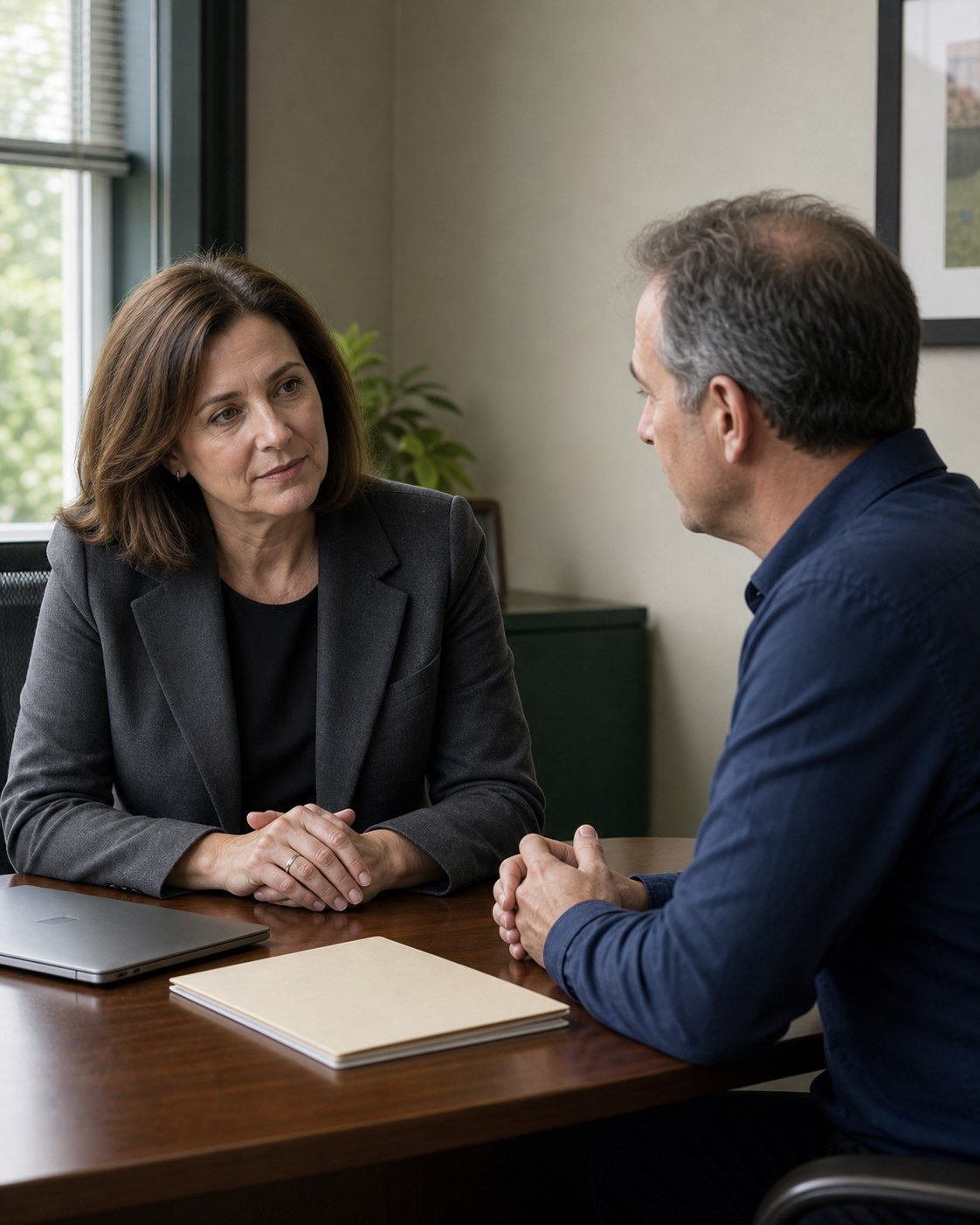 Business advisor speaking with a prospective buyer in a private office