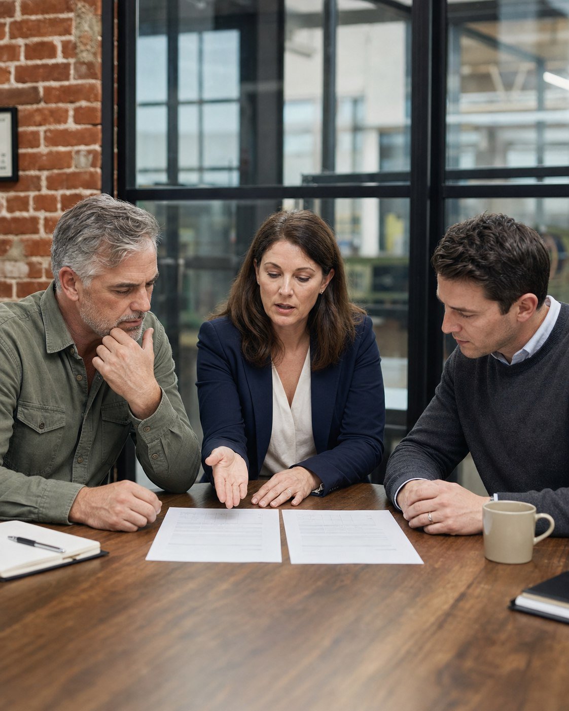 Business owner, advisor and prospective buyer comparing offer documents