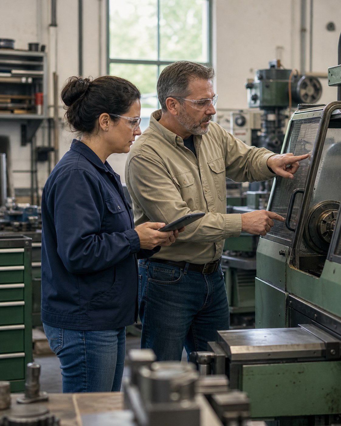 Business owner and inspector checking workshop machinery with a tablet