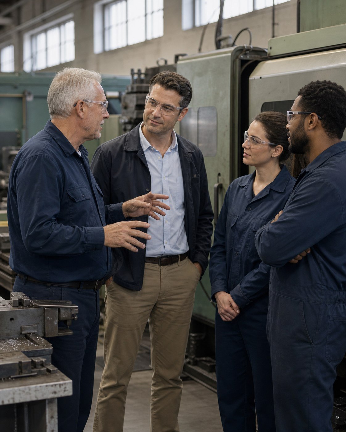 Outgoing business owner introducing the successor to employees in a workshop