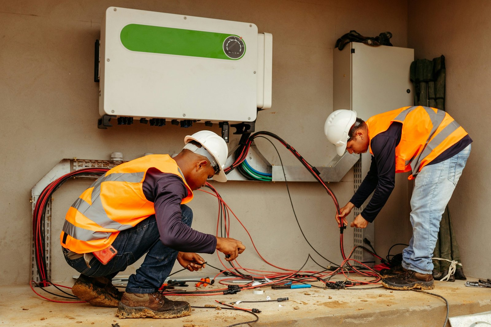 Two electricians installing electrical equipment